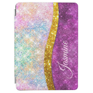 Cute iridescent fuchsia gold faux glitter monogram iPad air cover