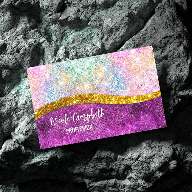 Cute iridescent fuchsia gold faux glitter monogram 	Magnetic business card (Creator Uploaded)