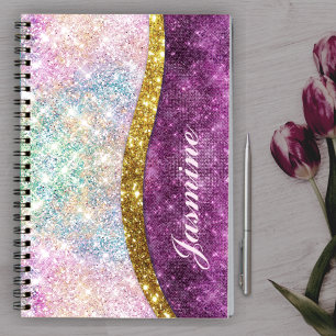 Cute iridescent fuchsia gold faux glitter monogram notebook