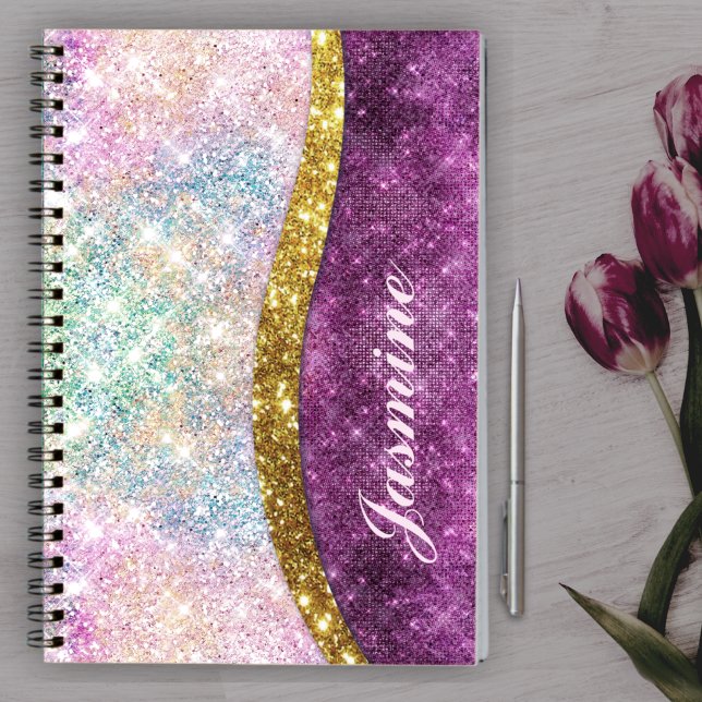 Cute iridescent fuchsia gold faux glitter monogram notebook (Creator Uploaded)