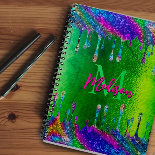 Cute iridescent green Glitter Drips monogram Notebook (Creator Uploaded)