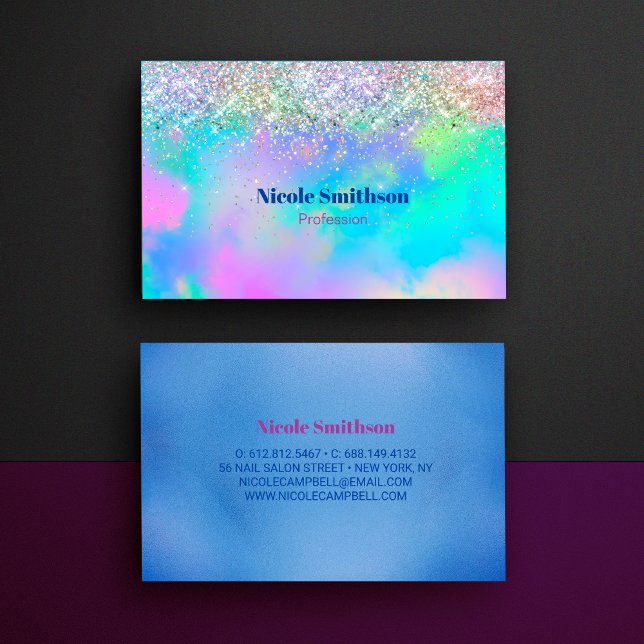 Cute iridescent holographic glitter monogram business card (Creator Uploaded)