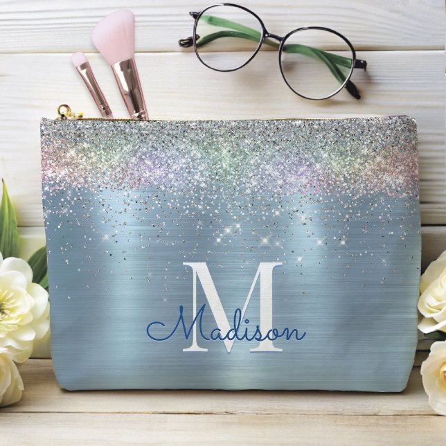 Cute iridescent ice blue glitter monogram  accessory pouch (Creator Uploaded)