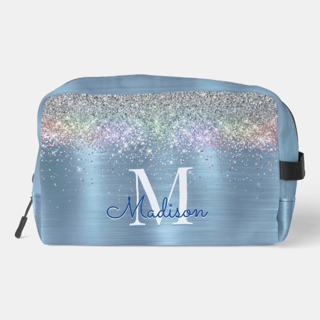 Cute iridescent ice blue glitter monogram  dopp kit (Back)
