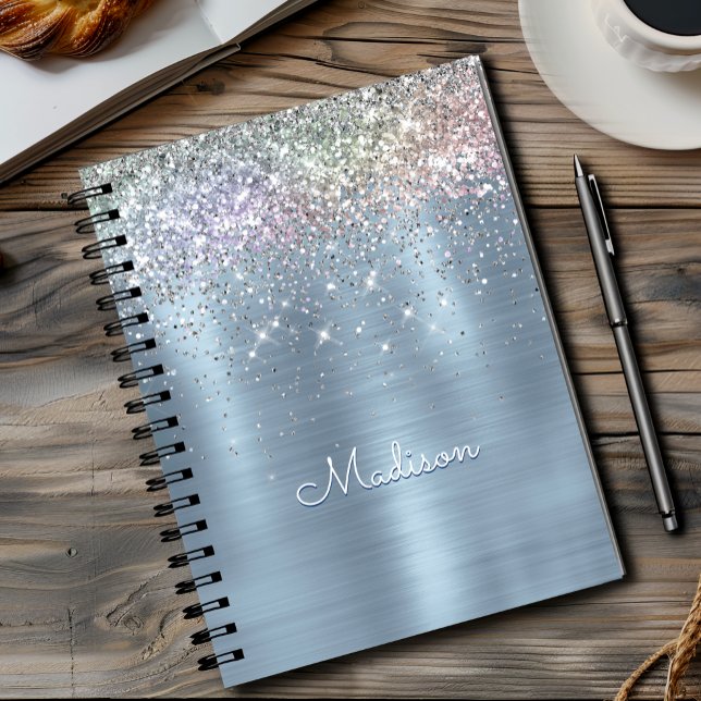 Cute iridescent ice blue glitter monogram  notebook (Creator Uploaded)