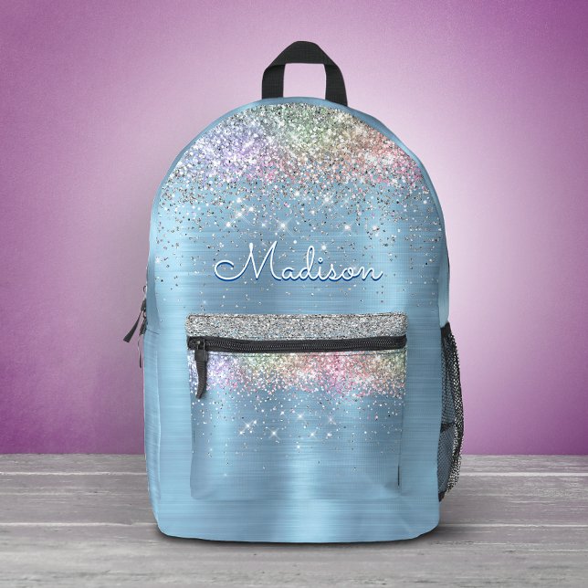 Cute iridescent ice blue glitter monogram  printed backpack (Creator Uploaded)