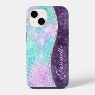 Cute Iridescent Lavender Faux Glitter Monogram iPhone 14 Case