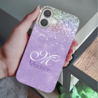 Cute Iridescent lilac purple faux glitter monogram