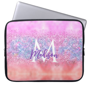 Cute iridescent ombre unicorn glitter monogram laptop sleeve