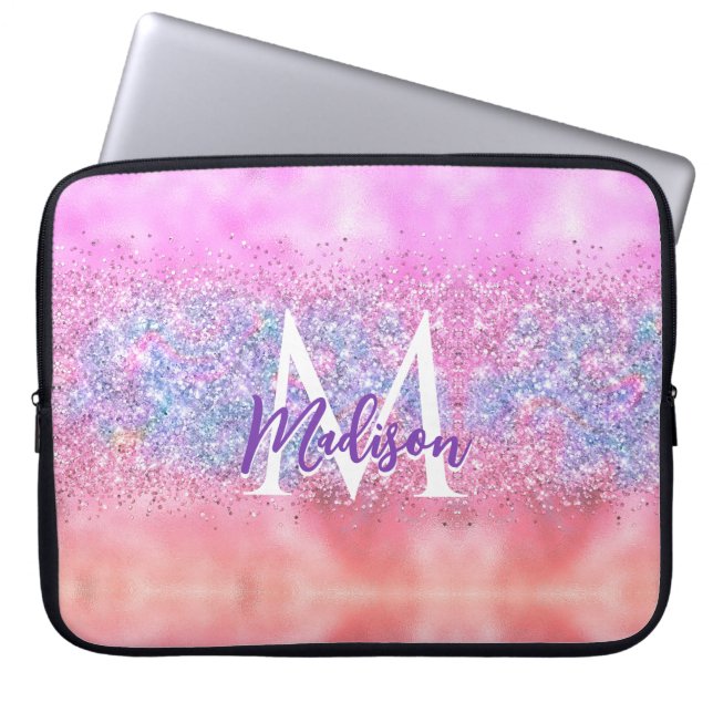 Cute iridescent ombre unicorn glitter monogram laptop sleeve (Front)