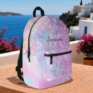 Cute iridescent pink blue ombre glitter printed backpack