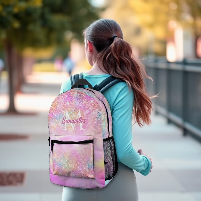 Cute iridescent pink ombre glitter monogram printed backpack (Creator Uploaded)