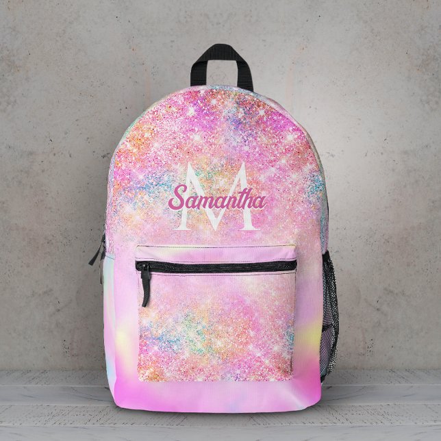 Cute iridescent pink ombre glitter monogram printed backpack (Creator Uploaded)