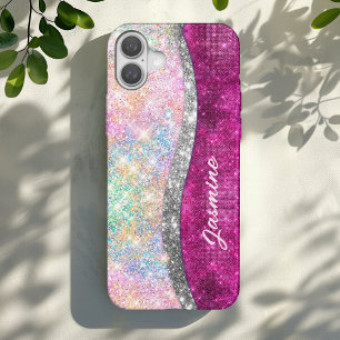 Cute iridescent pink silver faux glitter monogram iPhone 16 case