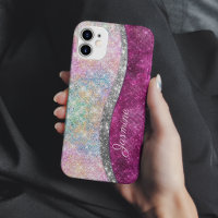 Cute iridescent pink silver faux glitter monogram