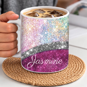 Cute iridescent pink silver faux glitter monogram coffee mug