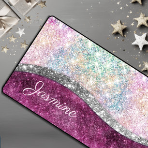 Cute iridescent pink silver faux glitter monogram desk mat