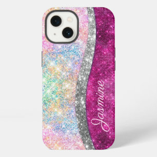 Cute iridescent pink silver faux glitter monogram iPhone 13 case