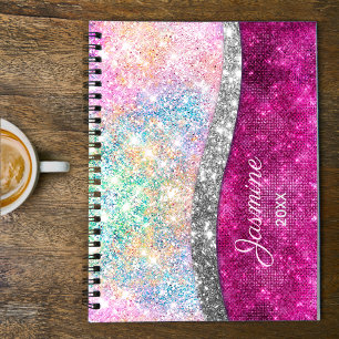 Cute iridescent pink silver faux glitter monogram  planner
