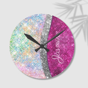 Cute iridescent pink silver faux glitter monogram round clock