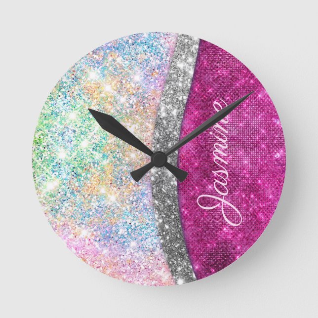 Cute iridescent pink silver faux glitter monogram round clock (Front)
