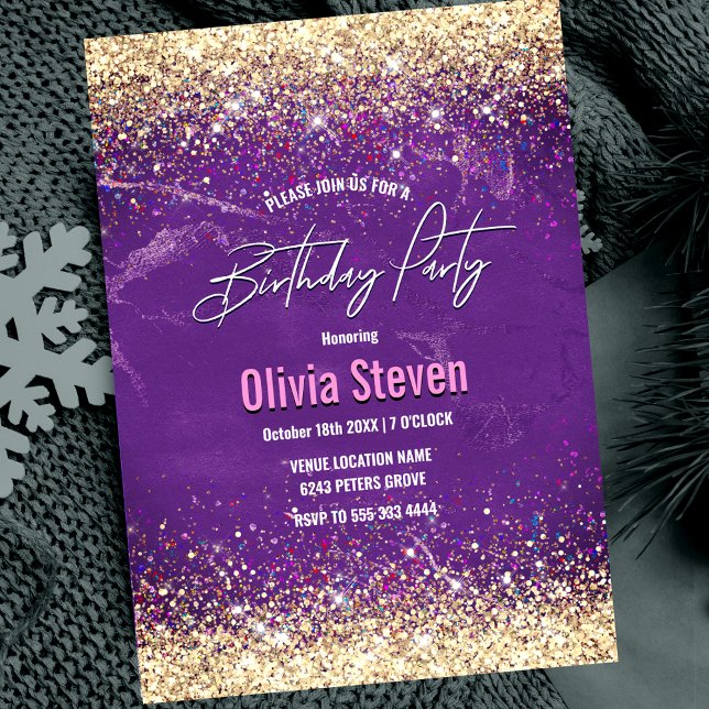 Cute iridescent purple gold faux glitter monogram invitation (Creator Uploaded)