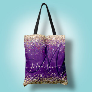 Cute iridescent purple gold faux glitter monogram tote bag