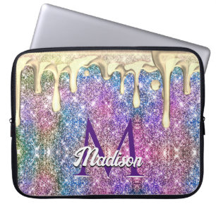 Cute iridescent purple gold glitter drips monogram laptop sleeve