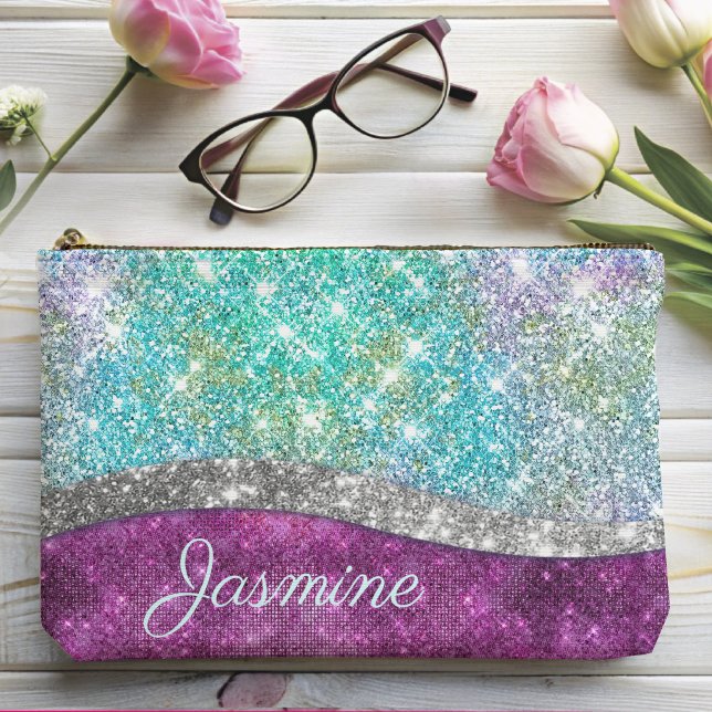 Cute iridescent purple teal faux glitter monogram accessory pouch (Creator Uploaded)