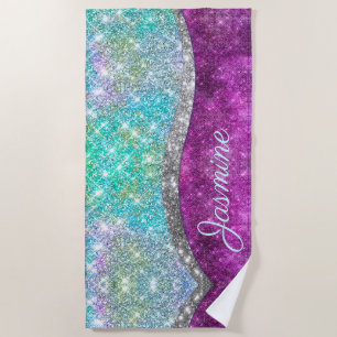 Cute iridescent purple teal faux glitter monogram beach towel