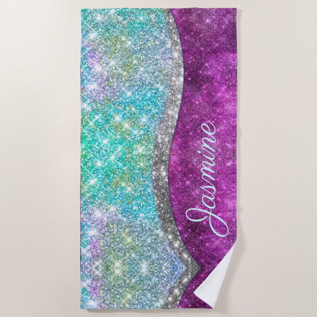 Cute iridescent purple teal faux glitter monogram beach towel (Front)