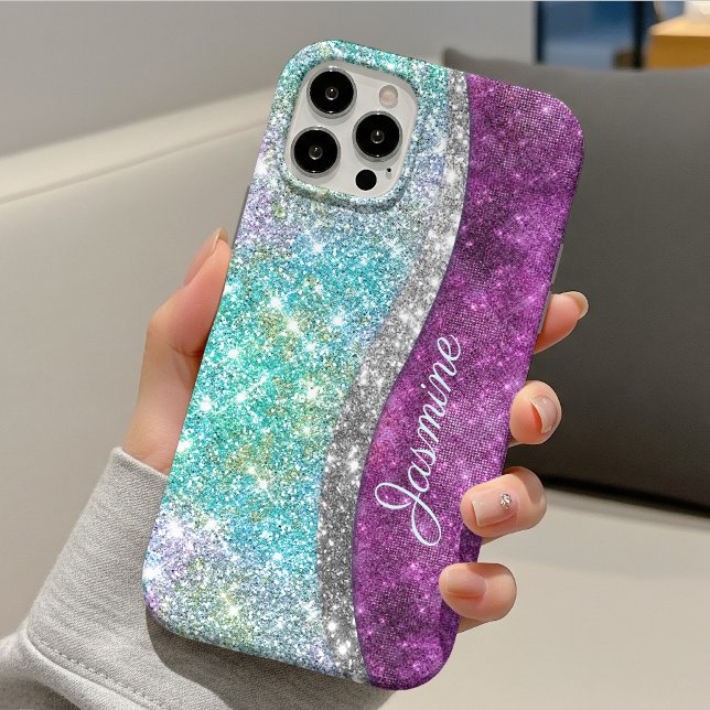 Cute iridescent purple teal faux glitter monogram Case-Mate iPhone case (Creator Uploaded)