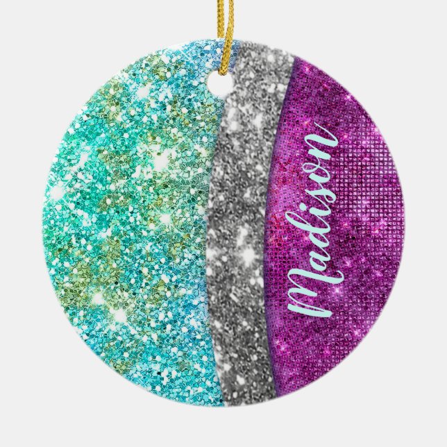 Cute iridescent purple teal faux glitter monogram ceramic ornament (Front)