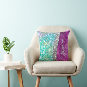 Cute iridescent purple teal faux glitter monogram cushion