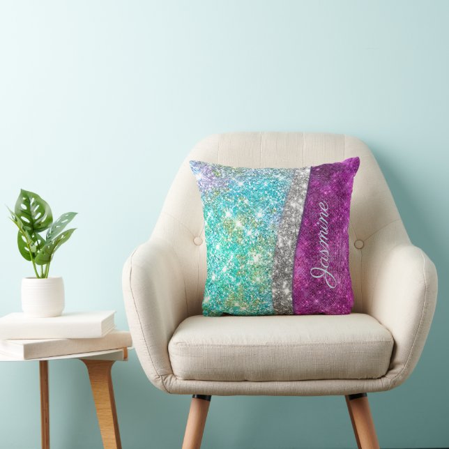 Cute iridescent purple teal faux glitter monogram cushion (Chair)