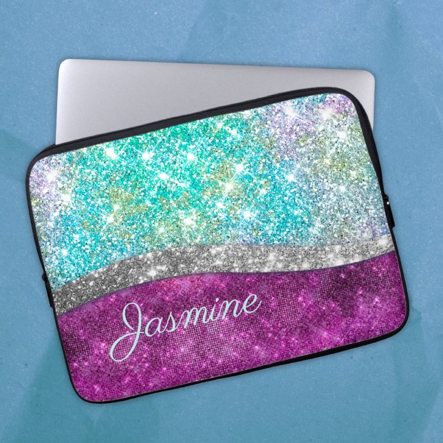 Cute iridescent purple teal faux glitter monogram laptop sleeve (Creator Uploaded)