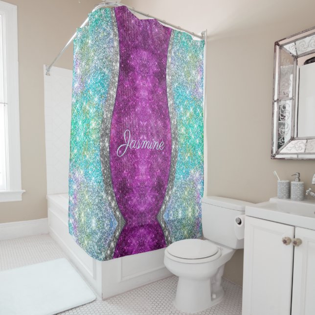 Cute iridescent purple teal faux glitter monogram shower curtain (In Situ)