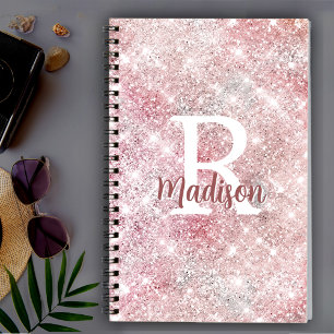 Cute iridescent rose blush faux glitter monogram notebook