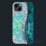 Cute iridescent turquoise faux glitter monogram iPhone 13 case<br><div class="desc">Pretty chic and elegant girly silver and iridescent faux glitter in unicorn, rainbow, teal, aqua, turquoise and green colours to create a cute unique girly case to protect your device. Beautiful, modern and cool cover for the trend-savvy and art-loving hip trendsetter. This stylish beautiful design would be great for girls...</div>