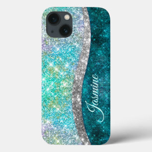Cute iridescent turquoise faux glitter monogram iPhone 13 case