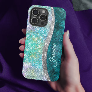Cute iridescent turquoise faux glitter monogram iPhone 16 pro case