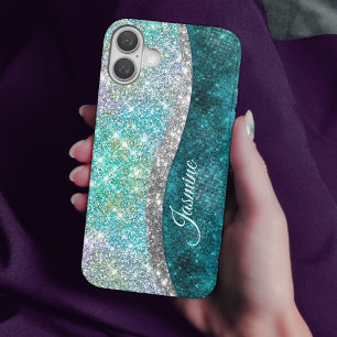 Cute iridescent turquoise faux glitter monogram iPhone 16 case