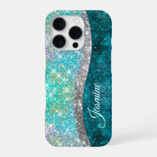 Cute iridescent turquoise faux glitter monogram iPhone 16 pro case