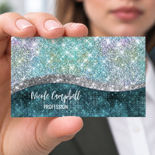 Cute iridescent turquoise faux glitter monogram Magnetic business card