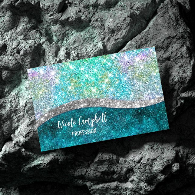 Cute iridescent turquoise faux glitter monogram 	Magnetic business card (Creator Uploaded)