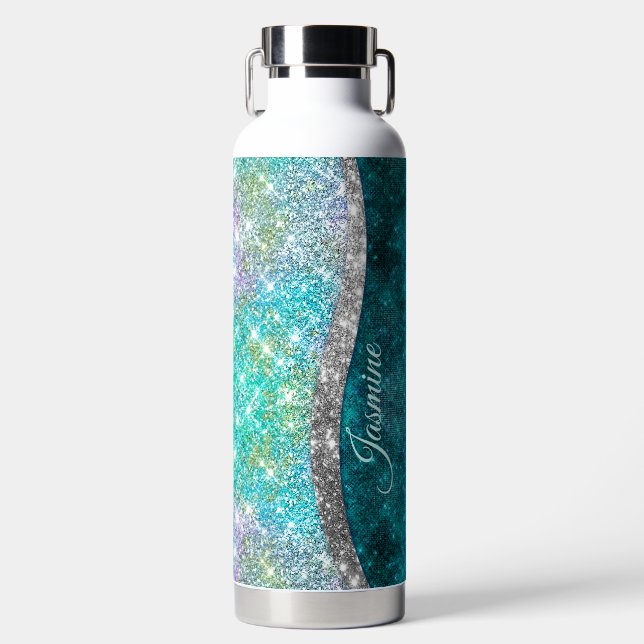 Cute iridescent turquoise faux glitter monogram water bottle (Front)