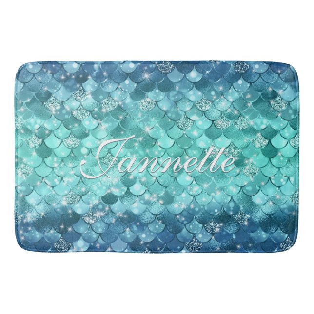 Cute Iridescent Turquoise Mermaid Faux Glitter Bath Mat (Front)