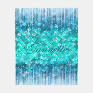 Cute Iridescent Turquoise Mermaid Faux Glitter Fleece Blanket