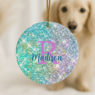 Cute iridescent unicorn blue faux glitter monogram ceramic ornament
