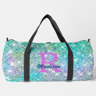 Cute iridescent unicorn blue faux glitter monogram duffle bag